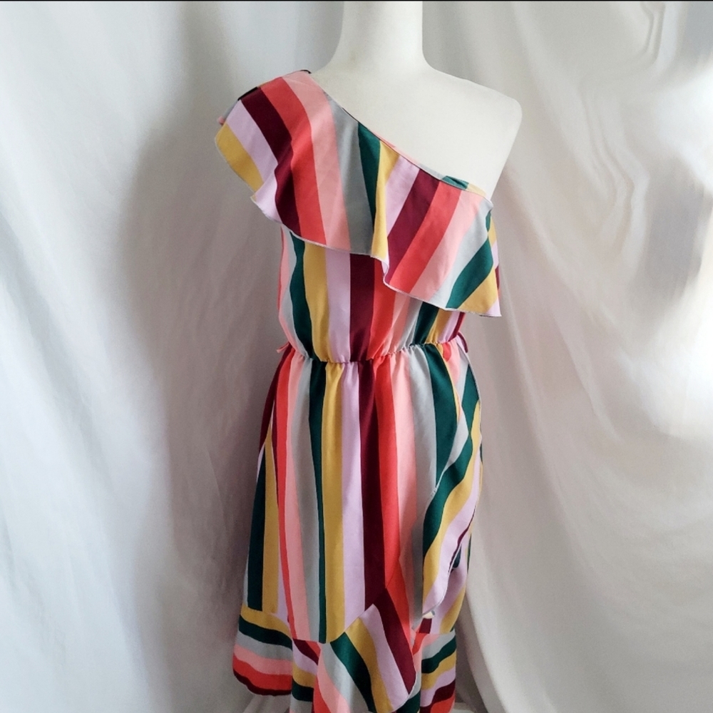 Vici Colorful Striped One Shoulder Ruffle Dress